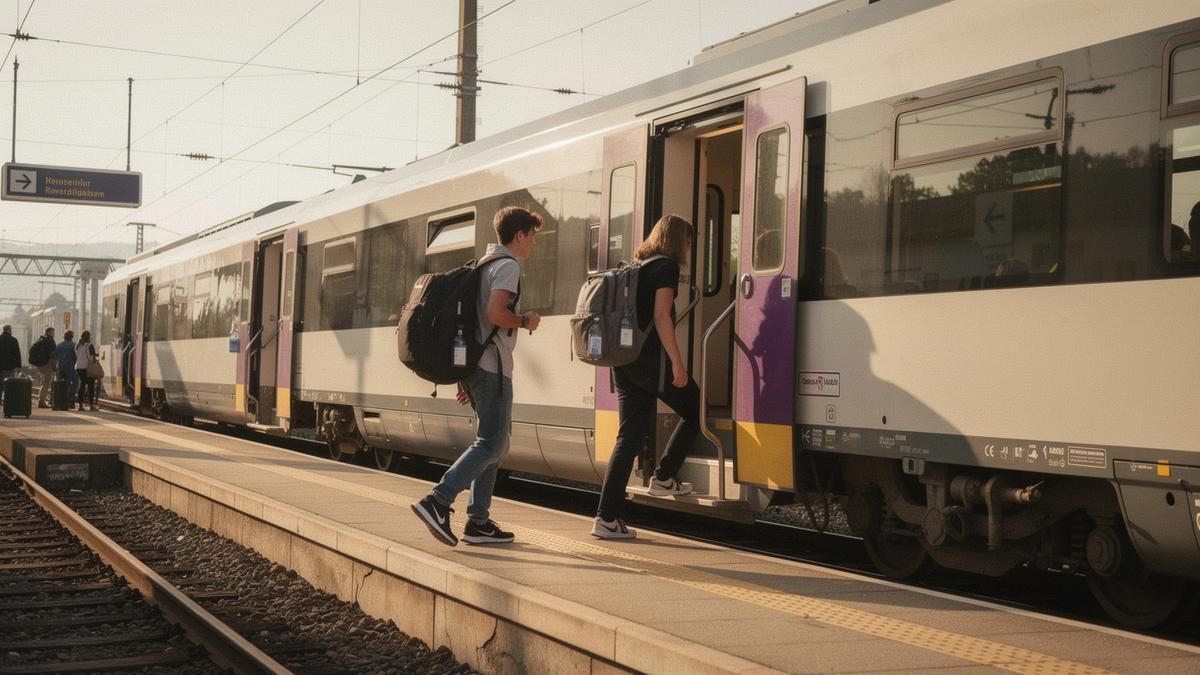 Students with backpacks and rail passes boarding a regional train at a European station platform