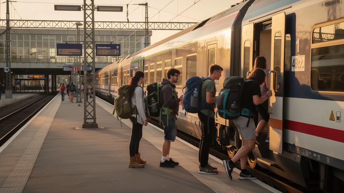 Students boarding an evening train in Warsaw